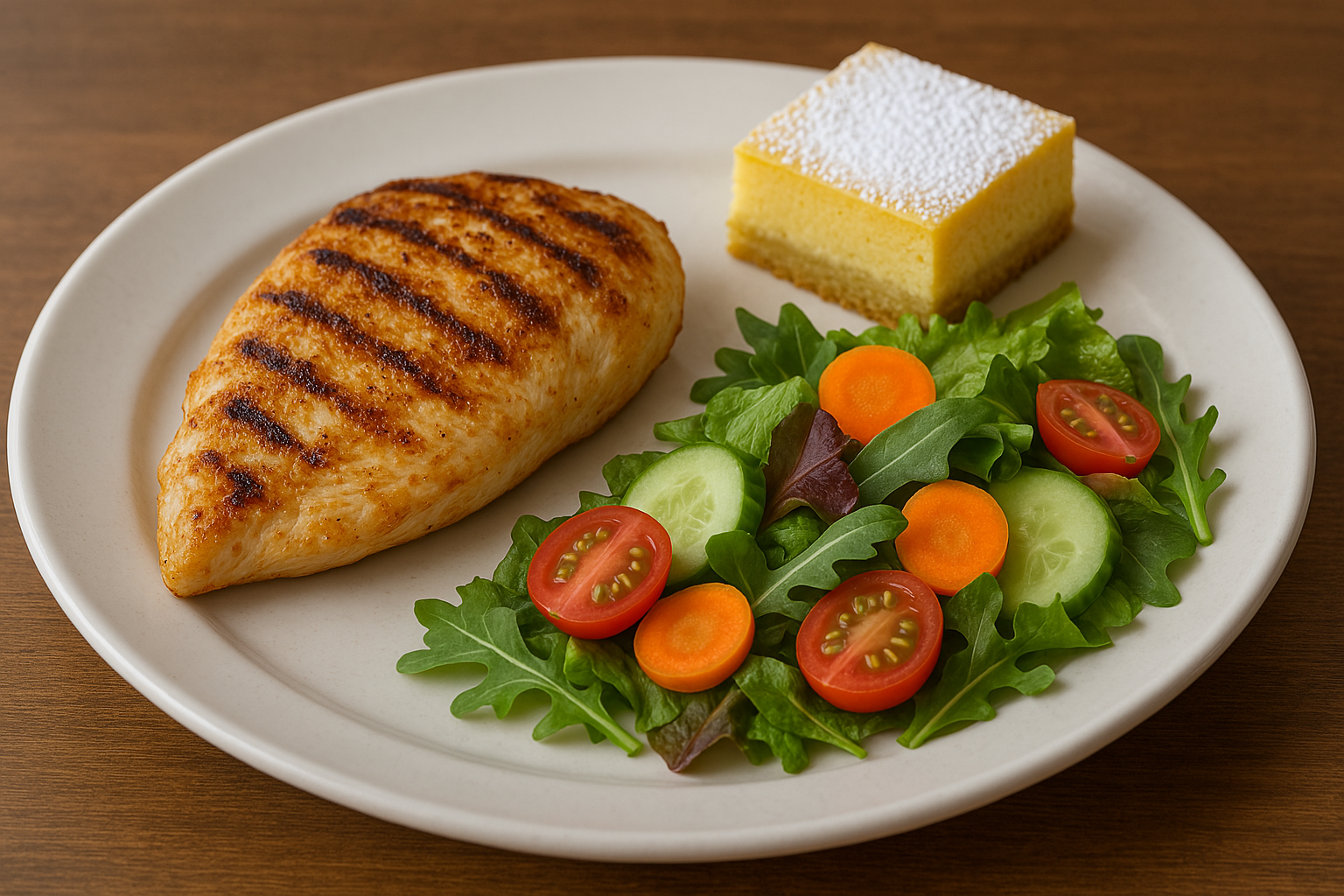 Plato de pechuga a la plancha con ensalada y postre
